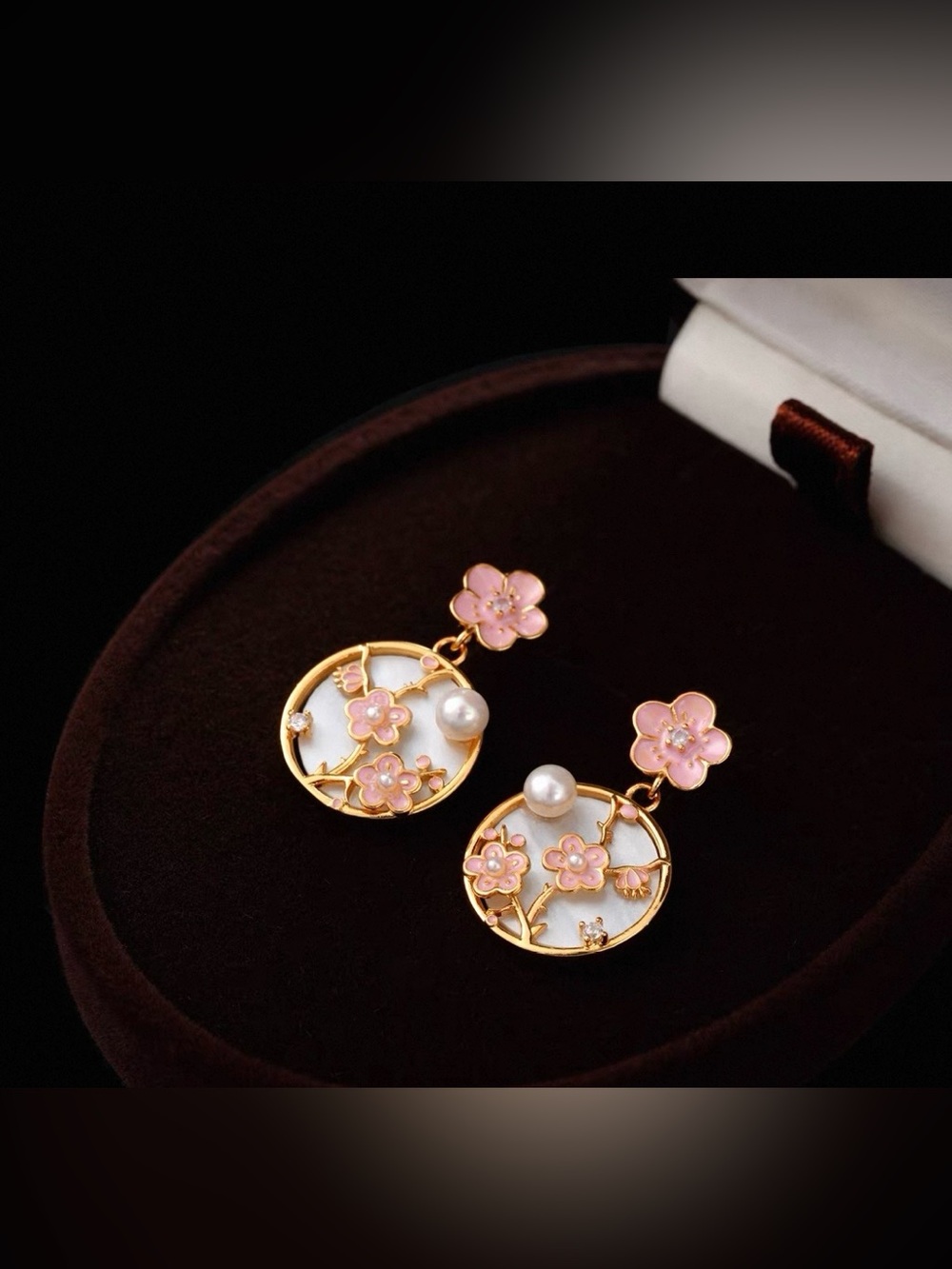 Delicate Pink Blossom Pearl Drop Earrings - Gold Tone